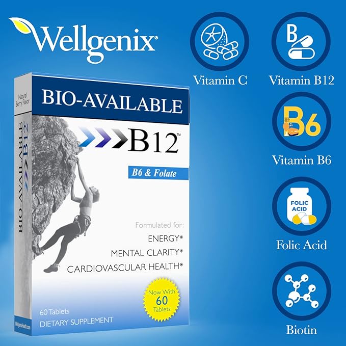 Wellgenix Bio Available Sublingual B12-60ct (2 Pack) - Daily Multivitamins Focus Support Formula w/Vitamins C, B6, B12, Folate & Biotin -Energy & Diet Supplement for Immune & Overall Health