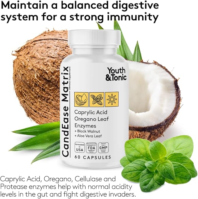 Youth & Tonic Oregano & Caprylic Acid Gut Health Supplement with Probiotics & Herbs for Gut Flora Balance, Digestive & Intestinal Health and Immune Support – 90 Capsules