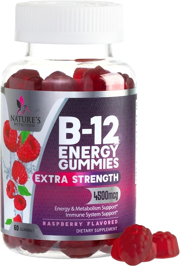 Vitamin B12 Energy Gummies - Extra Strength 4500mcg Chewable for Energy & Nervous System Health Support, B-12 Complex Gummy Vitamin for Women, Men, Kids - Non-GMO, Vegan, Berry Flavor - 60 Gummies