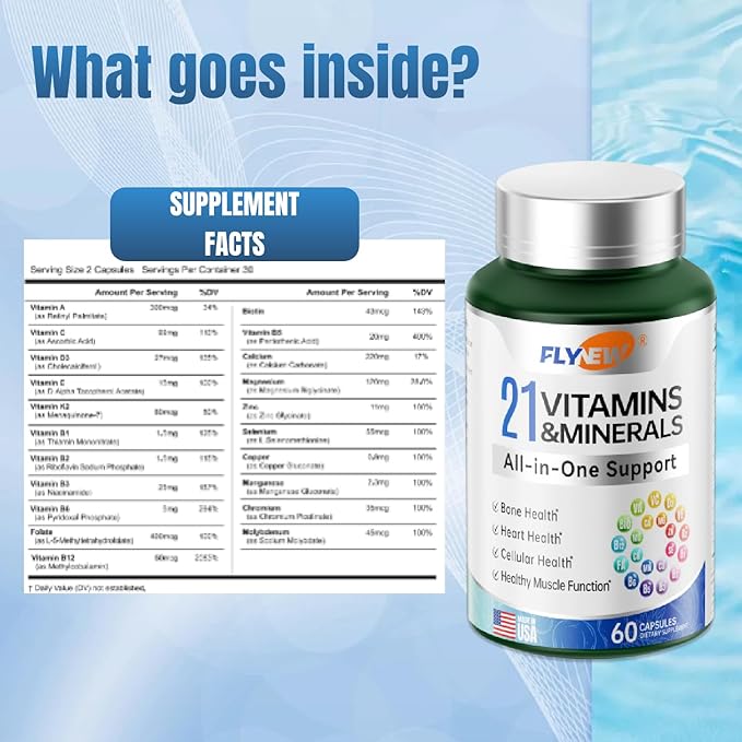 21 Vitamins &Minerals, All-in-One Support, Magnesium for Women and Men Made in USA, Vitamin A, Vitamin C, Vitamin K2, Vitamin D3, Vitamin E, Vitamin B12, B6, Folate, Biotin, 60 Capsules