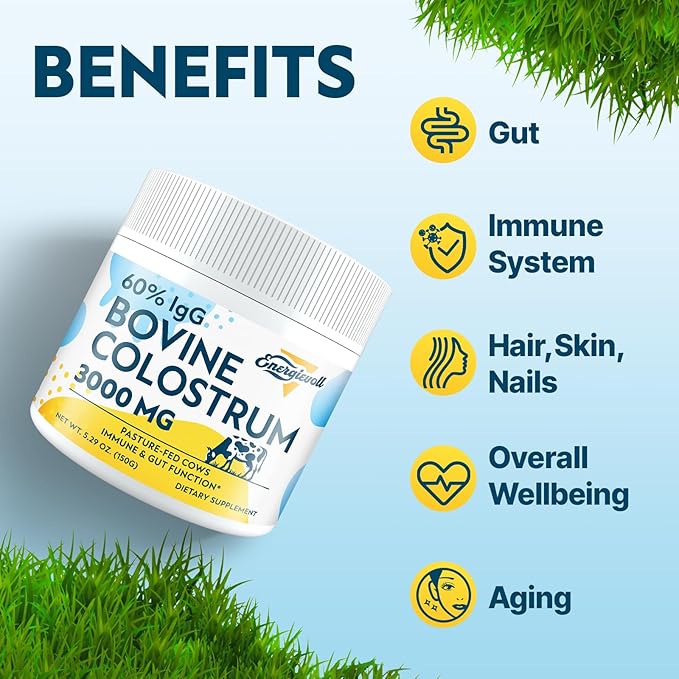 Bovine Colostrum Supplement Powder - 60% IgG 3000 mg for Gut, Hair Growth, Beauty, and Immune, Easy to Mix, Unflavored (50 Servings)