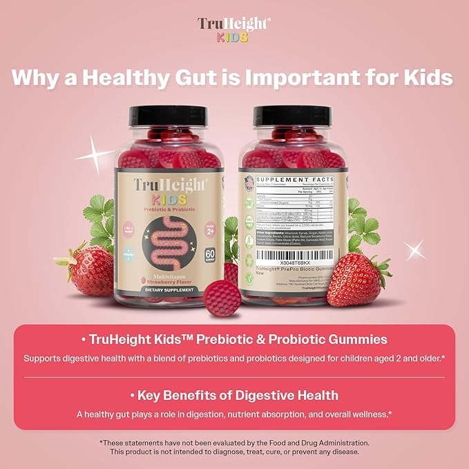 TruHeight Kids Prebiotic & Probiotic Gummies Ages 2+ (Strawberry Flavor) Toddlers & Kids All Natural Supplement for Digestive Health - Endorsed by Pediatricians - Gut & Immune Support, Vegan Vitamins