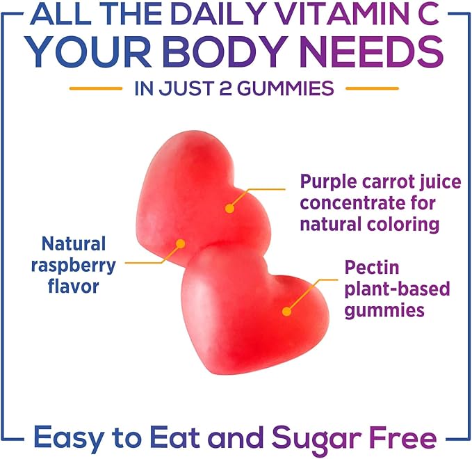 Zero Sugar Vitamin C Gummies - Immune Support & Antioxidant Vitamin Dietary Supplement - Vegan, Non-GMO, Dairy & Gluten Free C Vitamin Gummy - Raspberry Flavor for Kids & Adults - 120 Count Gummies