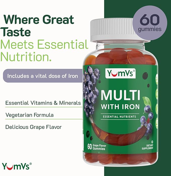 YUM-V'S YumVs Multivitamin Gummies with Iron - Grape Flavor - Vegetarian Kosher Multi Vitamins for Adults with Vitamin A C B6 B12 Biotin Zinc - No Calcium (60 Count (Pack of 2))