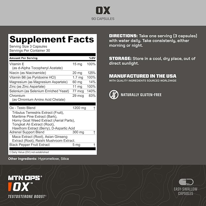 MTN OPS Ox Testosterone Booster, Testosterone Supplement for Men Blend with Tribulus Terrestris & Adrenal Support Blend with Maca Root Capsules, 30 Servings