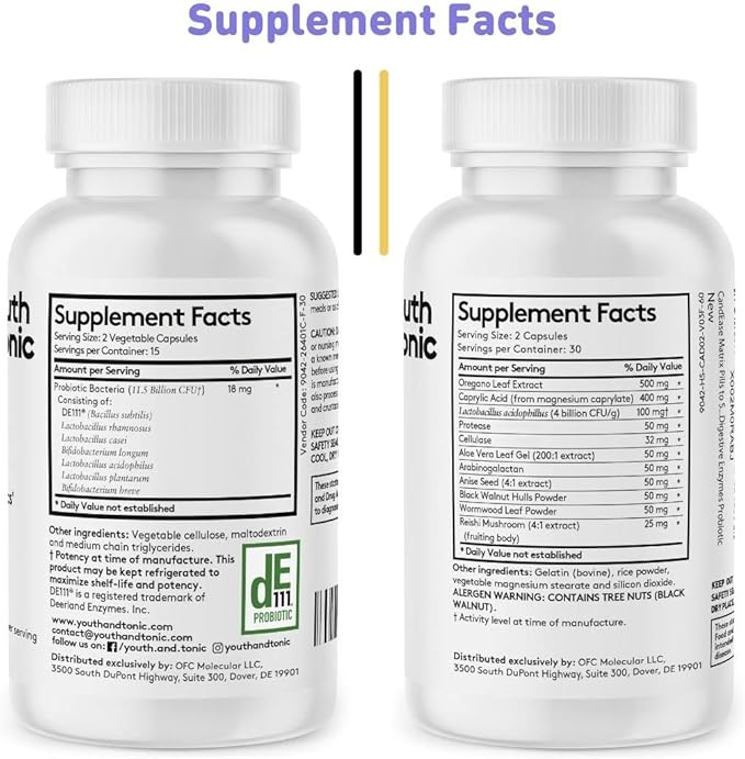 Youth & Tonic Oregano & Caprylic Acid Gut Health Supplement with Probiotics & Herbs for Gut Flora Balance, Digestive & Intestinal Health and Immune Support – 90 Capsules
