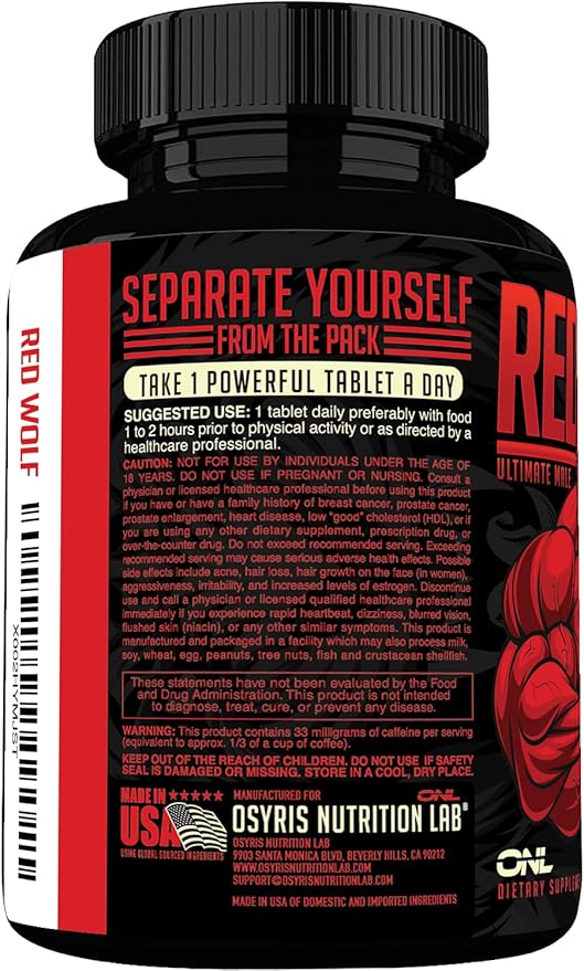 Red Wolf Testosterone Booster for Men - Ultimate Men's Supplement for High Potency Endurance, Energy & Strength - Testosterone Supplement for Men - w/ Tongkat Ali Male Enhancement - 30 Ct