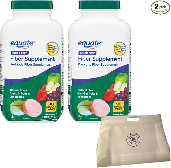 Equate Daily Fiber Sugar Free Prebiotic 90 Chewable Tablets (2 Packs) Bundle with Reusable Food Pouch