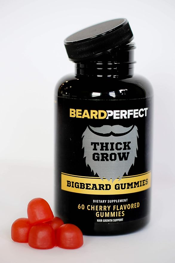 THICKGROW BIGBEARD Gummies - Get a Stronger, Longer, Thicker Beard Growth Formula for Men with Biotin, B12, and 10+ Elite Beard-Building Vitamins Nutrients 60 Cherry Flavored Gummies!