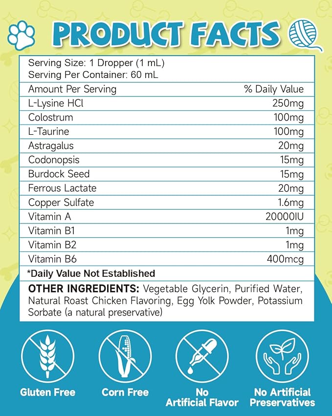 Lysine for Cats - L-Lysine Supplement for Cats & Kittens, Cat Immune Support, Allergy Relief, Sneezing, Cat L-Lysine Drops with Colostrum, Taurine, Vitamins & Minerals, Astragalus - 2Fl Oz