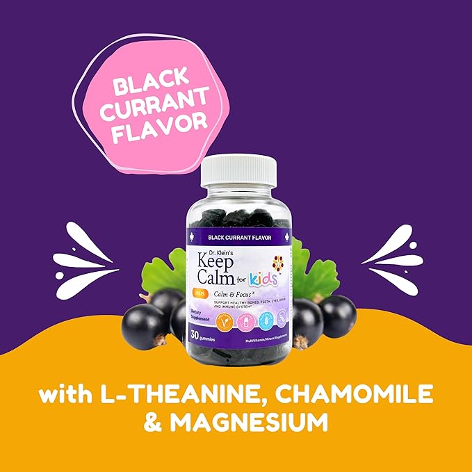 Dr. Klein's Keep Calm Kids Gummies L-Theanine & Chamomile Extract - Supports Focus, Attention, & Alertness of Kids Ages 5+ - Calming Chews Vitamins & Minerals for Kids - Black Currant Sugar-Free 30ct