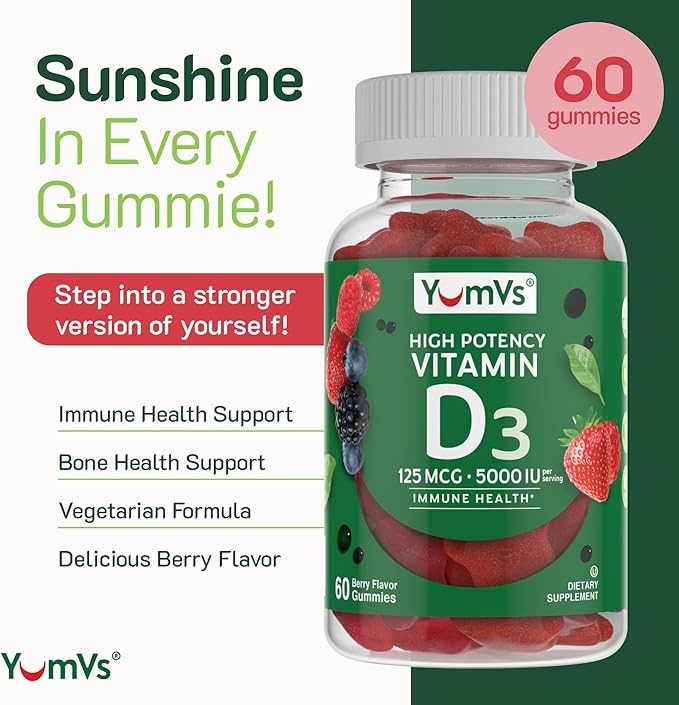 Vitamin D3 Jellies by YumV's | Vitamin D 5000 IU | Daily Dietary Supplement for Men and Women | Mixed Berry Flavor Chewable Jellies | Vegetarian, Gluten-Free, Kosher, Halal | 60 Count