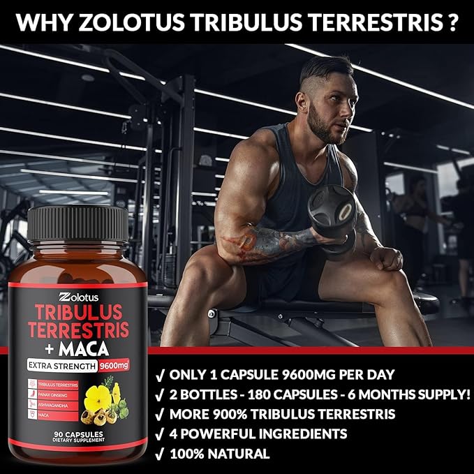Zolotus 2 Packs Premium Tribulus Terrestris + Maca, 6 Months Supply with Ashwagndha, Ginseng, Boost Energy, Mood, Stamina & Performance, for Men & Women