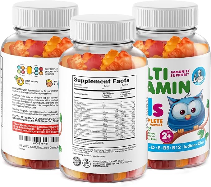 DR. MORITZ Kids Multivitamin Gummies 14 Essential Vitamins Daily Supplement for Ages 2+ Vitamin A C D E Vegetarian B6 B12 Zinc Biotin Gummy Multivitamins for Children- All Natural Chewable (60 Count)