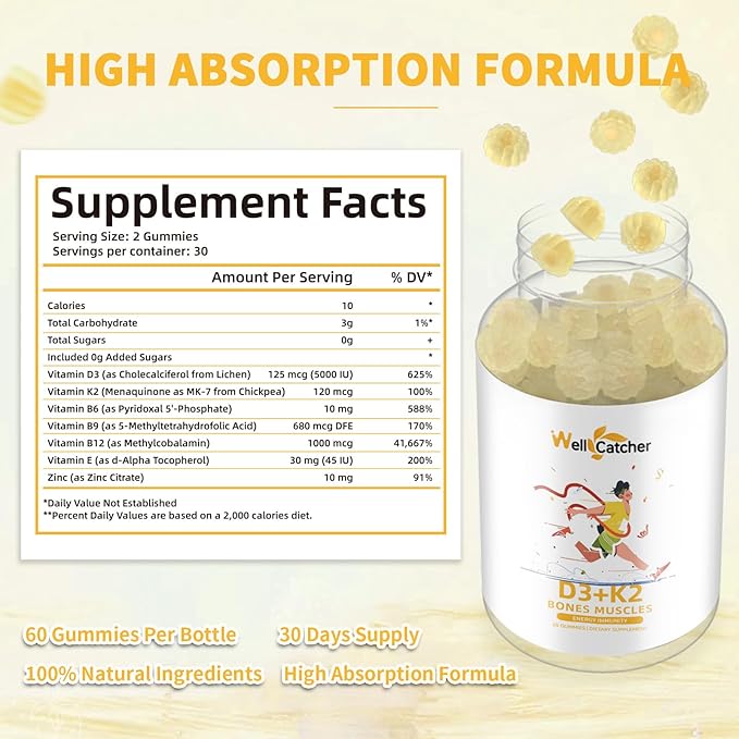 Vitamin D3 K2 Gummies - Vitamin D3 5000IU K2 (MK-7) 120mcg Supplements with Vitamin B Complex Sugar Free for Adults Kids Supports Bone Teeth Strength Immune Mango Flavor 60 Counts 2 Packs