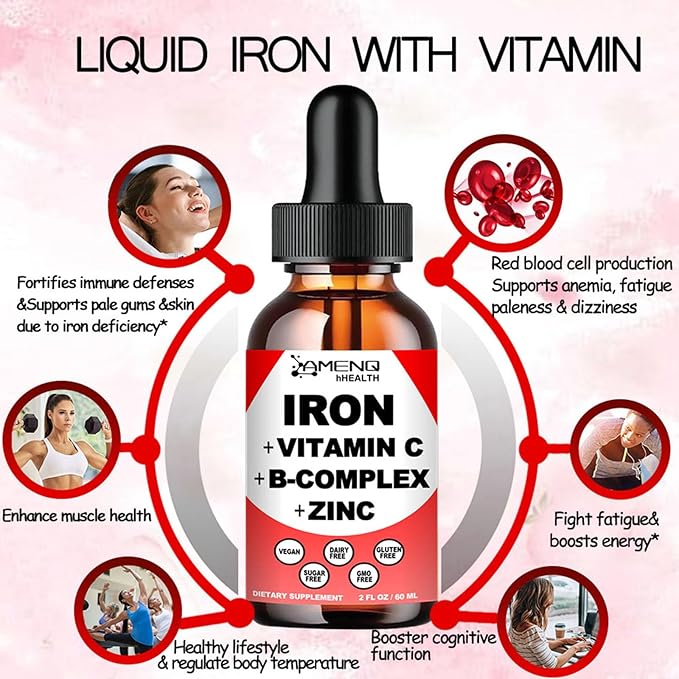 2 Pack Liquid Iron Supplement w/ Vitamin C, A, B-Complex, Vegan Iron Drops High Potency Liquid Vitamin & Iron Supplements for Women, Men & Children -Support Red Blood Cell, Energy, Anemia & Fatigue