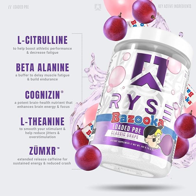 Ryse Loaded Pre Workout Powder Supplement for Men & Women | Pumps, Energy, Focus | Beta Alanine + Citrulline | 390mg Caffeine | 30 Servings (Bazooka Grape)