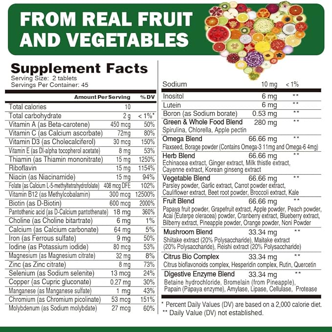 Whole Food Multivitamin for Men Women - with 65+ Vitamins, Minerals, Organic Nature Powder & Extracts - Whole Food Supplement for Energy, GUT, immune Health - All Natural, Non-GMO 90 Vegan Tablets