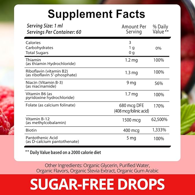 Vitamin B Complex Supplement with 20000 mcg - Extra Strength for Men and Women - Vegan| Raspberry Liquid Drops| USA Made, B1, B2, B3, B5, B6, Biotin, Folic Acid & B12 Methylcobalamin | 4 Months Supply