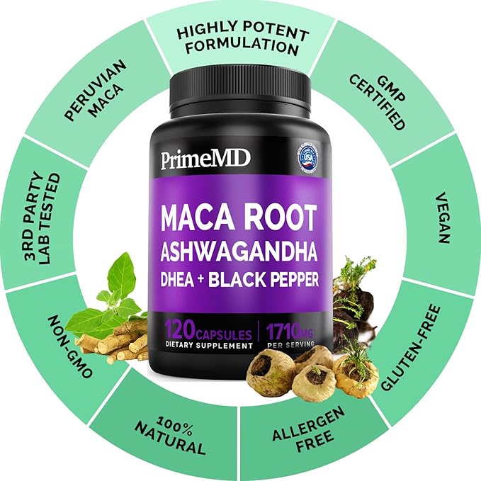 6-in-1 Organic Maca Root & Ashwagandha Capsules 1710mg w/DHEA & Black Pepper Fruit Extract - Maca Root Capsules for Women & Men - Energy, Mood, and Bone Support Supplement, 360 Capsules (3 Pack)