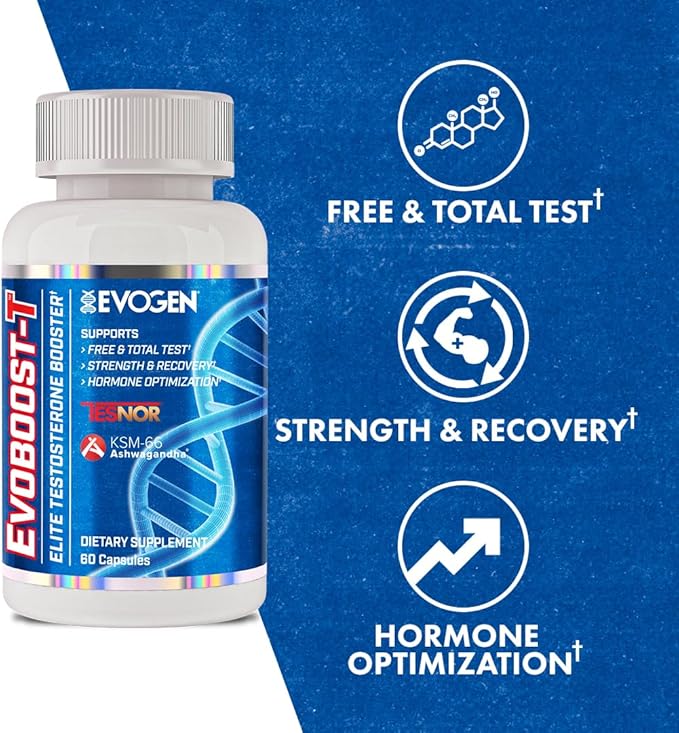Evogen Evoboost-T - Elite Testosterone Booster for Men | Testosterone Supplement for Men Supporting Free & Total Testosterone, Strength, & Hormone Optimization | Ashwagandha, Tesnor, DIM | 60 Capsules