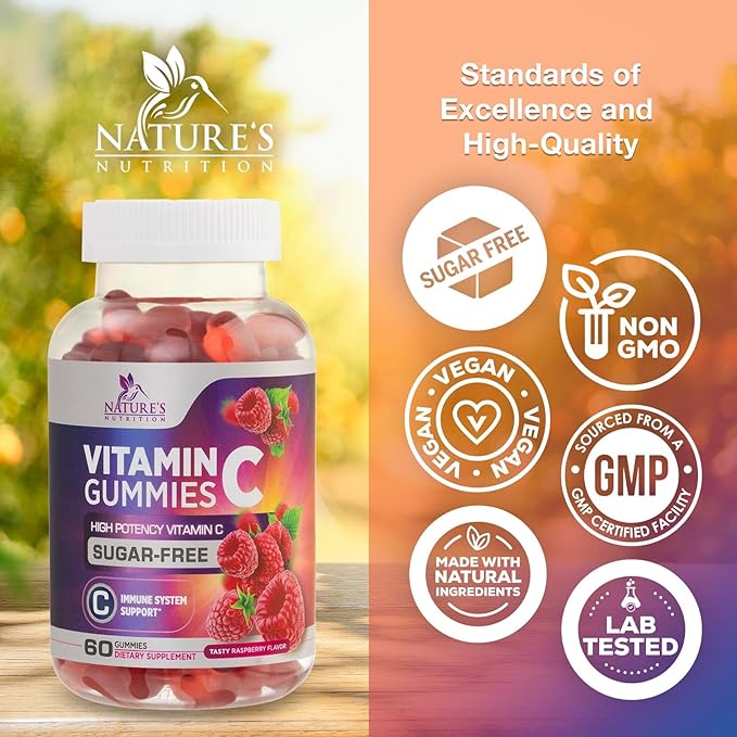 Zero Sugar Vitamin C Gummies - Immune Support & Antioxidant Vitamin Dietary Supplement - Vegan, Non-GMO, Dairy & Gluten Free C Vitamin Gummy - Raspberry Flavor for Kids & Adults - 60 Count Gummies
