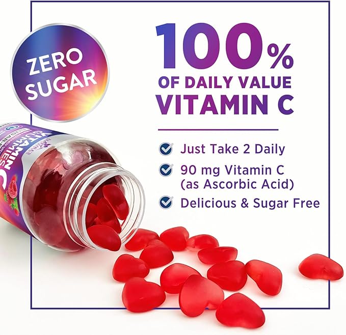 Zero Sugar Vitamin C Gummies - Immune Support & Antioxidant Vitamin Dietary Supplement - Vegan, Non-GMO, Dairy & Gluten Free C Vitamin Gummy - Raspberry Flavor for Kids & Adults - 60 Count Gummies