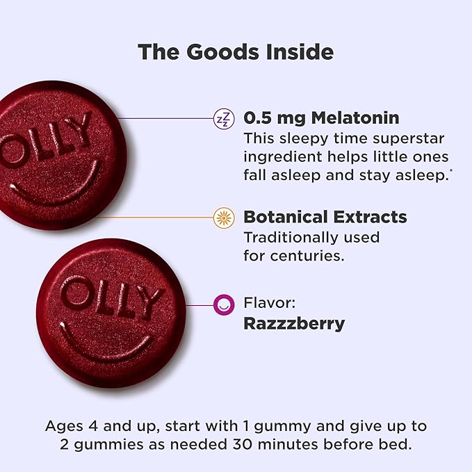 OLLY Kids Sleep Gummies, 0.5mg Melatonin, L Theanine, Chamomile, and Lemon Balm, Fall Asleep Faster, Raspberry - 70 Count