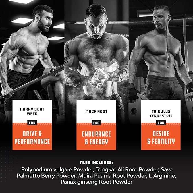 Testosterone Supplement for Men with Tongkat Ali and Horny Goat Weed - Testosterone Booster for Men for Energy Muscles and Drive with Invigorating Herbal Maca Root for Men (1 Month Supply)