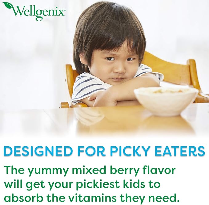 Wellgenix Balanced Essentials Liquid Kids Vitamin - Nutritional Multivitamin for Picky Eaters - Boost Immune System and Overall Health -Children, Toddler -Berry Flavor 16 Fl Oz