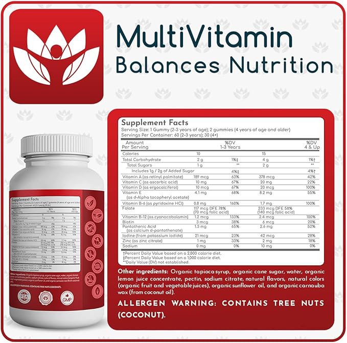 Organic Gummy MultiVitamins, 2-Pack, 60 Count Each; Blend of 11 Essential Nutrients, for Kids and Adults, Vegan, Assorted Strawberry, Lemon, Orange Flavors