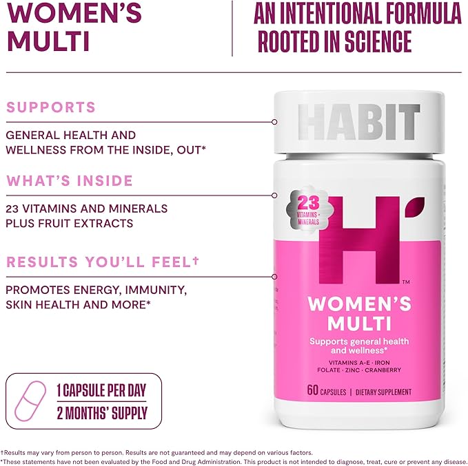 Habit Womens Multi Supplement 2 Pack (120 Capsules) - New Look, Supports General Health & Wellness, 23 Essential Vitamins and Minerals, Fruit extracts, Folate, Iron, B12, Biotin, Non-GMO