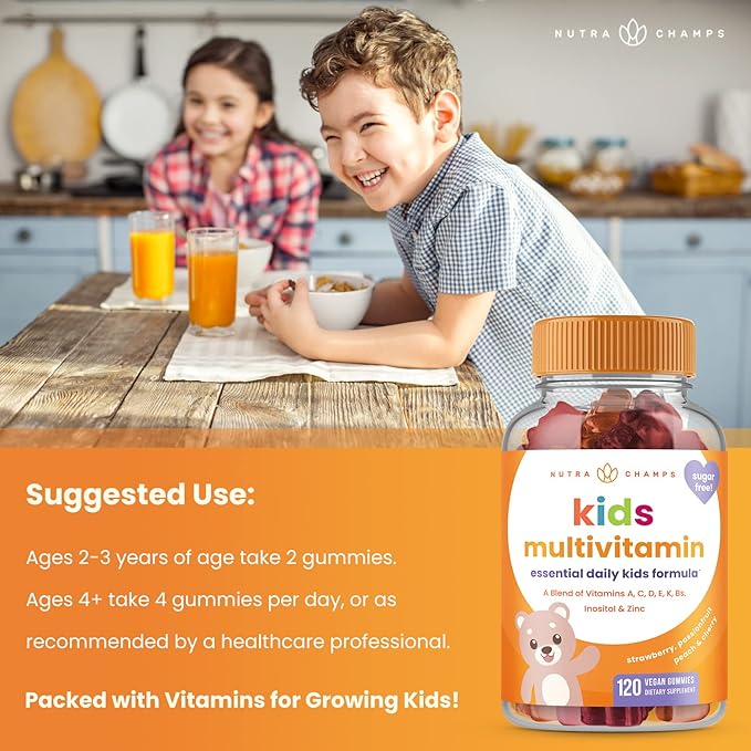 NutraChamps Kids Multivitamin Gummies | Multivitamin for Kids | 120 Gummy Vitamins for Kids | Sugar Free Kids Vitamins Gummy Multivitamin | Vegan & Non-GMO | Strawberry, Passionfruit, Peach & Cherry