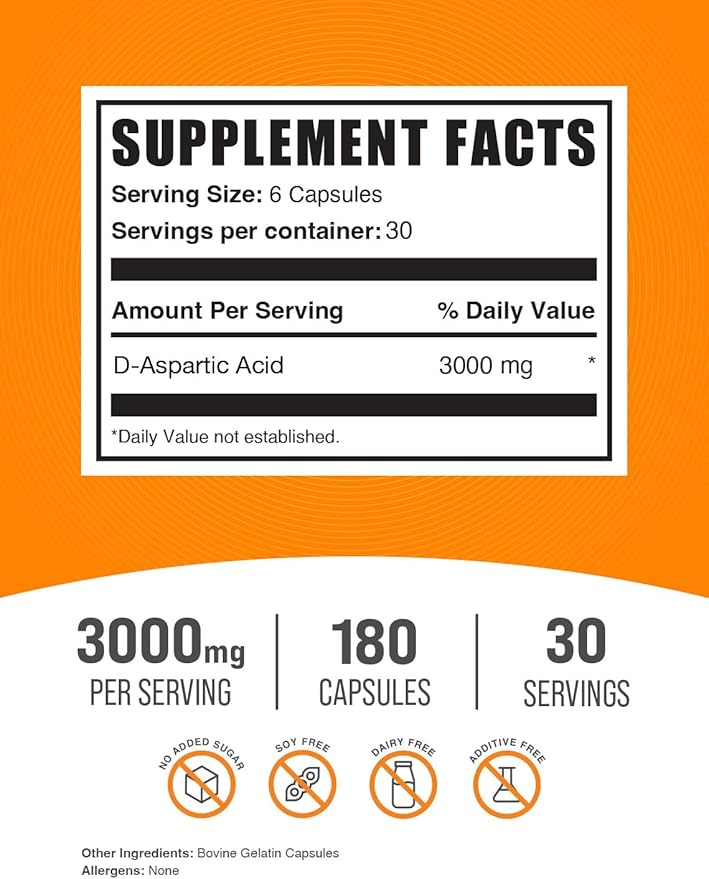 BulkSupplements.com D-Aspartic Acid Capsules - DAA Supplement for Men & Women, D-Aspartic Acid 3000mg - Unflavored & Soy Free, 6 Capsules per Serving, 180 Capsules (Pack of 1)