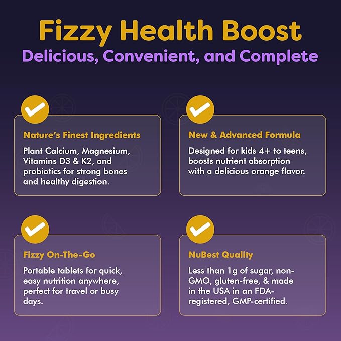 NuBest Tall Fizzy - Bone Strength, Immunity, Digestive Health for Kids & Teens | Probiotic, Calcium, Magnesium from Red Marine Algae, Vitamin D3, K2 & Zinc | 30 Orange Effervescent Tablets - Ages 4+