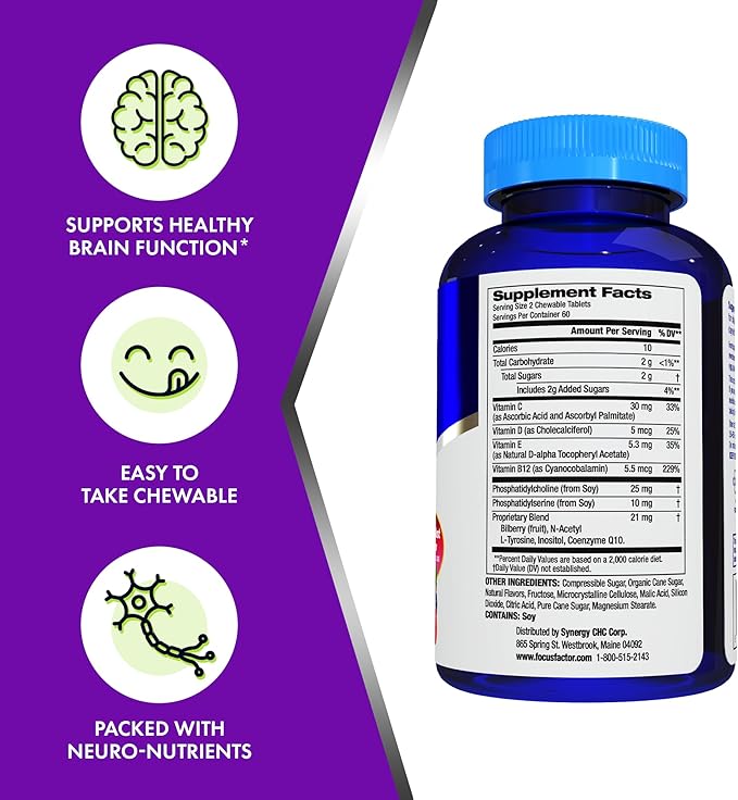 Focus Factor Kids Extra Strength Daily Chewable for Brain Health Support, 120 Count – Vitamins - Quality Formula – Gluten & Dairy Free Supplements for Children – No Artificial Sweetener