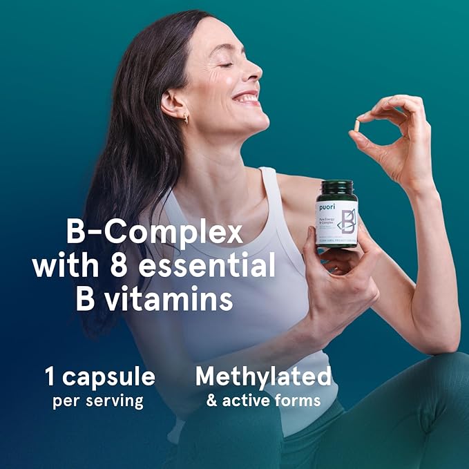 Puori Pure Energy Vitamin B-Complex with 8 Essential Vitamins - Active & Methylated B Vitamins (Thiamin, Riboflavin, Niacin, B6, Folate & B12) - Biotin, Inositol, Pantothenic Acid & Choline