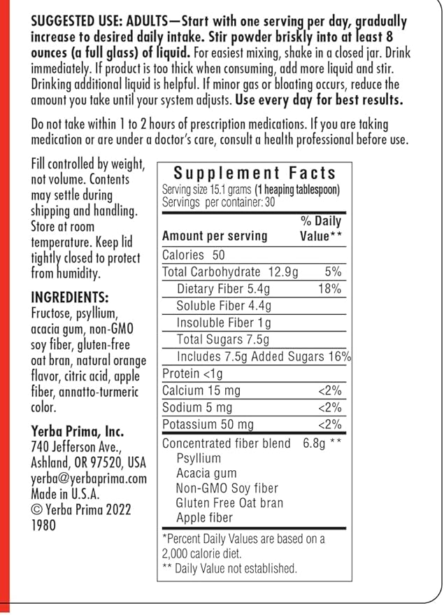 Yerba Prima Orange Flavored Daily Fiber Formula 16 oz Powder - Great Tasting, Premium Bulking Supplement for Regularity Support, Contains 5 Fiber Types, Made in The USA, Non-GMO, Gluten Free