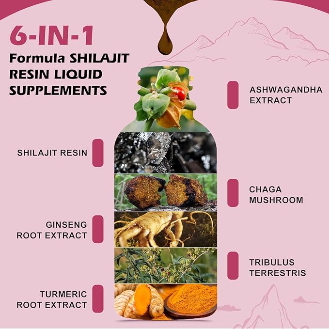 Shilajit Resin Liquid Drops | Organic Shilajit 85+ Trace Minerals Complex with Ashwagandha, Turmeric, Ginseng, Chaga, Shilajit Supplement for Men Immune Support, Brain Booster, Energy, Overall Health