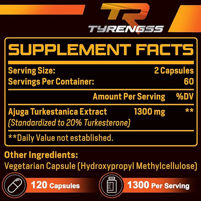 Testosterone Booster, Turkesterone Supplement 1300mg Ultra High Strength (Ajuga Turkestanica Extract Std. to 20% Testosterone), for Athletic Performance & Muscle Mass, 240 Capsules