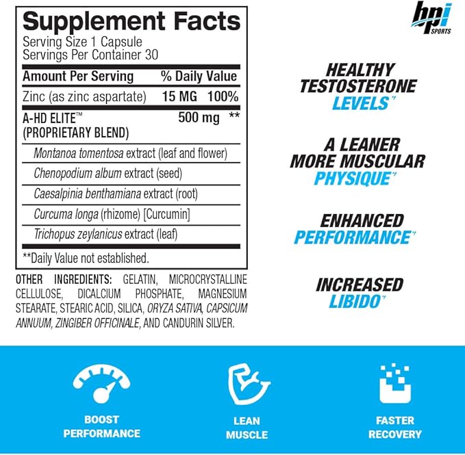BPI Sports A-HD Elite – Men’s Powerful Testosterone Booster – Natural Stamina, Strength, Sexual Support – Increases Metabolism – Fat Burning – Strength – Muscle – 30 Servings – 500mg