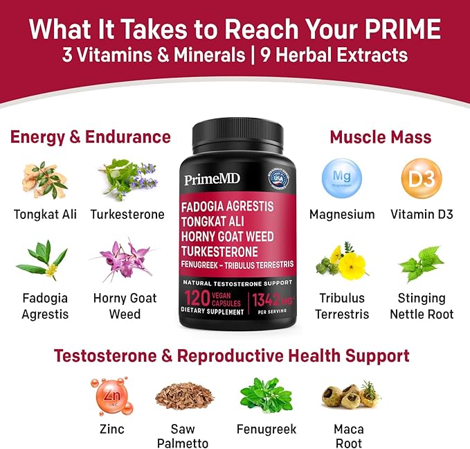 PrimeMD 12-in-1 Fadogia Agrestis and Tongkat Ali for Men - Testosterone Supplement for Men with Turkesterone - Men's Health Supplement for Overall Well-Being with 1342mg Per Serving (120 Capsules)