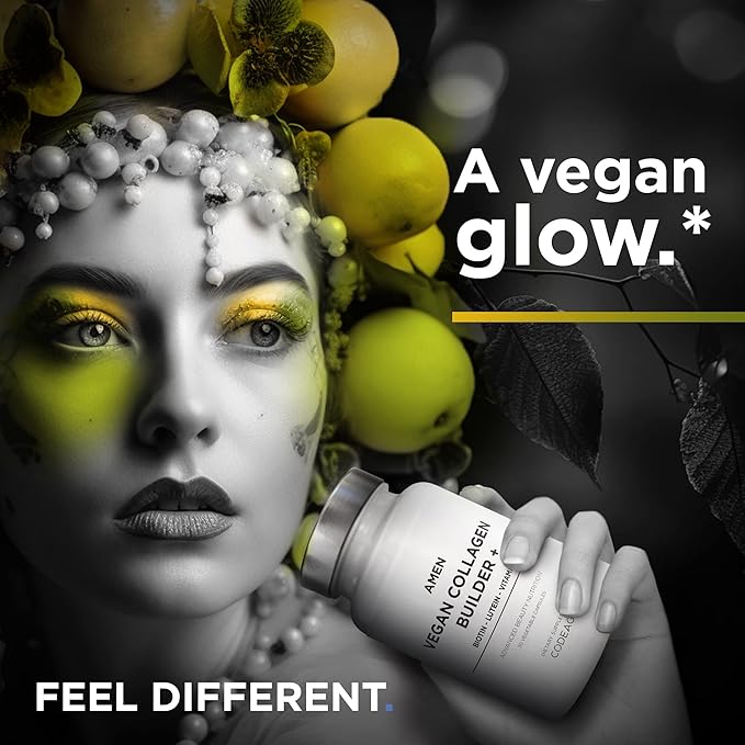 Amen Plant-Based Vegan Collagen Builder Supplement - Organic Whole Foods, Lutein, Vitamin C, Biotin, Lysine, Proline Collagen Boosters - Organic Cranberry, Lemon, Strawberry - Once A Day - 30 Capsules
