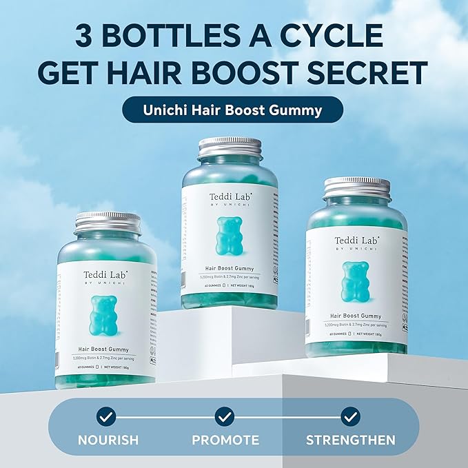 Unichi Hair Boost Gummy 3-Pack, 5200mcg Biotin Formulated with Zinc, Pantothenic Acid and Vitamin A, C, E for Stronger and Thicker Hair, Great Tasting with Sea Salt & Green Grape Flavour, 180 Count
