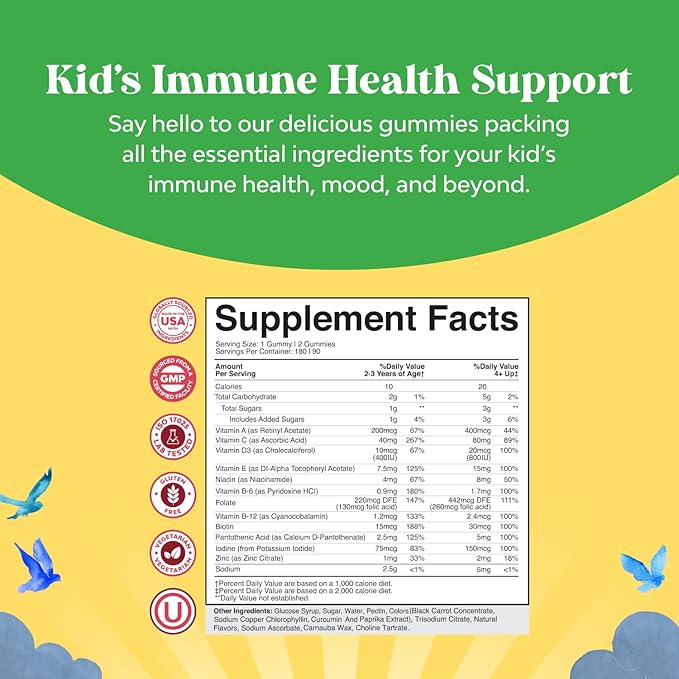 Plant Based Kids Multivitamin Gummies - Multivitamin for Kids Immunity Support Gummies with Vitamins A C D3 E B and Zinc Gelatin and Gluten Free Non-GMO Kids Vitamins Gummy Multivitamin Formula 180ct