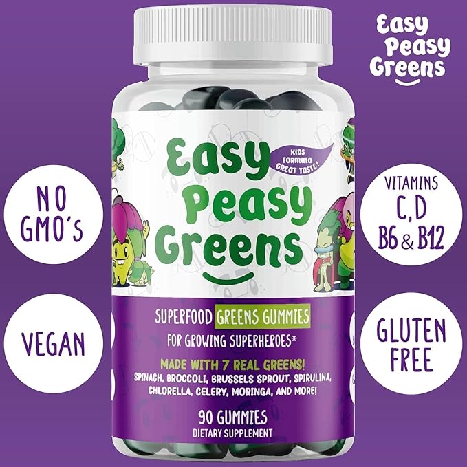 EasyPeasyGreens Daily Veggie Gummies for Kids - 90 Greens Gummies - Helps Picky Eaters Get Their Veggies in - Made with 10 Real Vegetable Extracts and 100% Vegan
