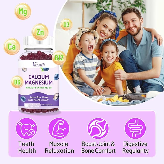 2 Pack Calcium Gummies with Magnesium, Zinc, Vitamin D3 & B12, Calcium Supplements for Women Men, Support Bone, Muscle and Immunity, 120 Vegan Blueberry Flavor Gummies