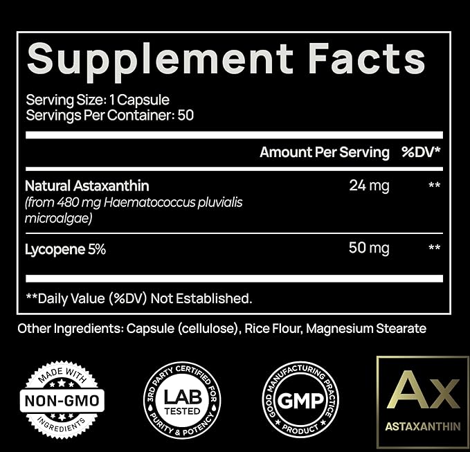 Astaxanthin 24mg + Lycopene 50mg Clinical Strength Carotenoids Skin Supplement w. 100% Natural Astaxanthin from MicroAlgae - Best Astaxanthin Supplements for Skin Health & Pigmentation - Astaxantina