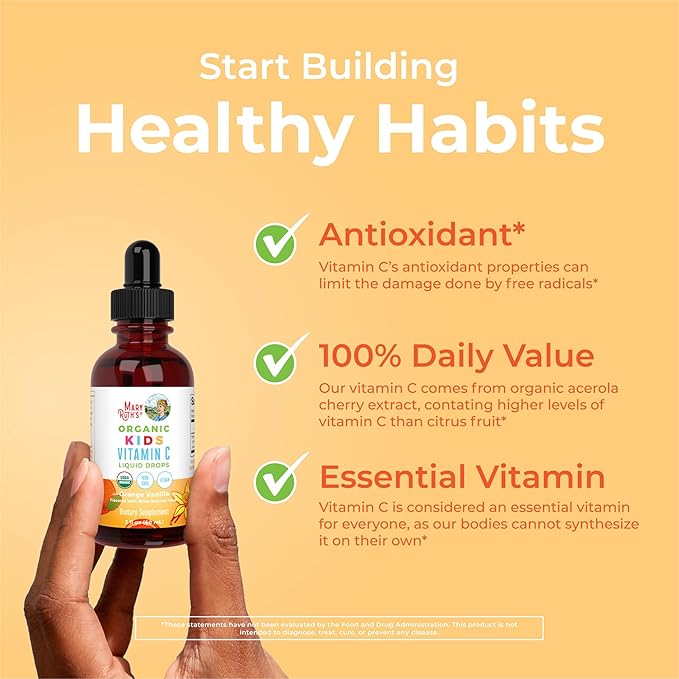 USDA Organic Kids Vitamin C Drops by MaryRuth’s | Vegan Vitamin C Immune Support Supplement for Ages 4-13 | Immune Support & Overall Health | Vitamin C from Organic Acerola Fruit Extract | 2oz