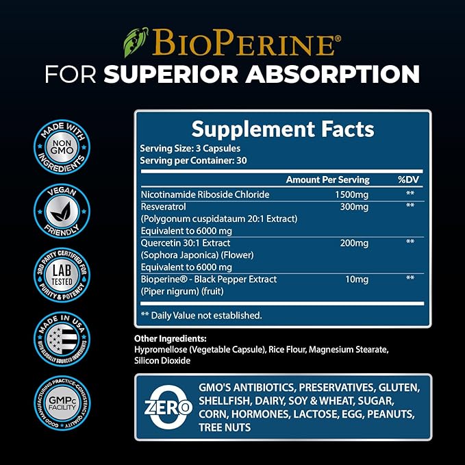 13,510mg NAD+ Supplement- Nicotinamide Riboside, Resveratrol, Quercetin & BioPerine® (High Absorption)- Liposomal NAD Booster for Anti-Aging, Cellular Energy, Skin- For Women & Men- 90 V Capsules